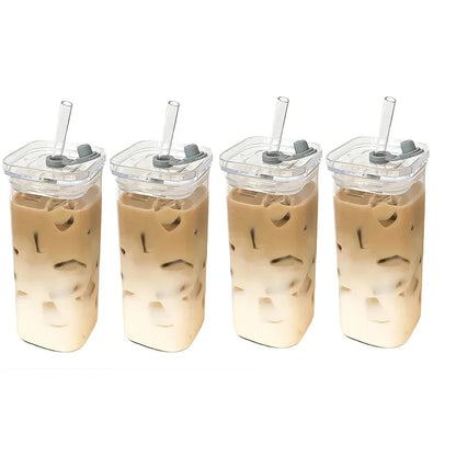 Purilite Select – Square Heat-Resistant Glass Coffee Cup with Lid &amp; Straw