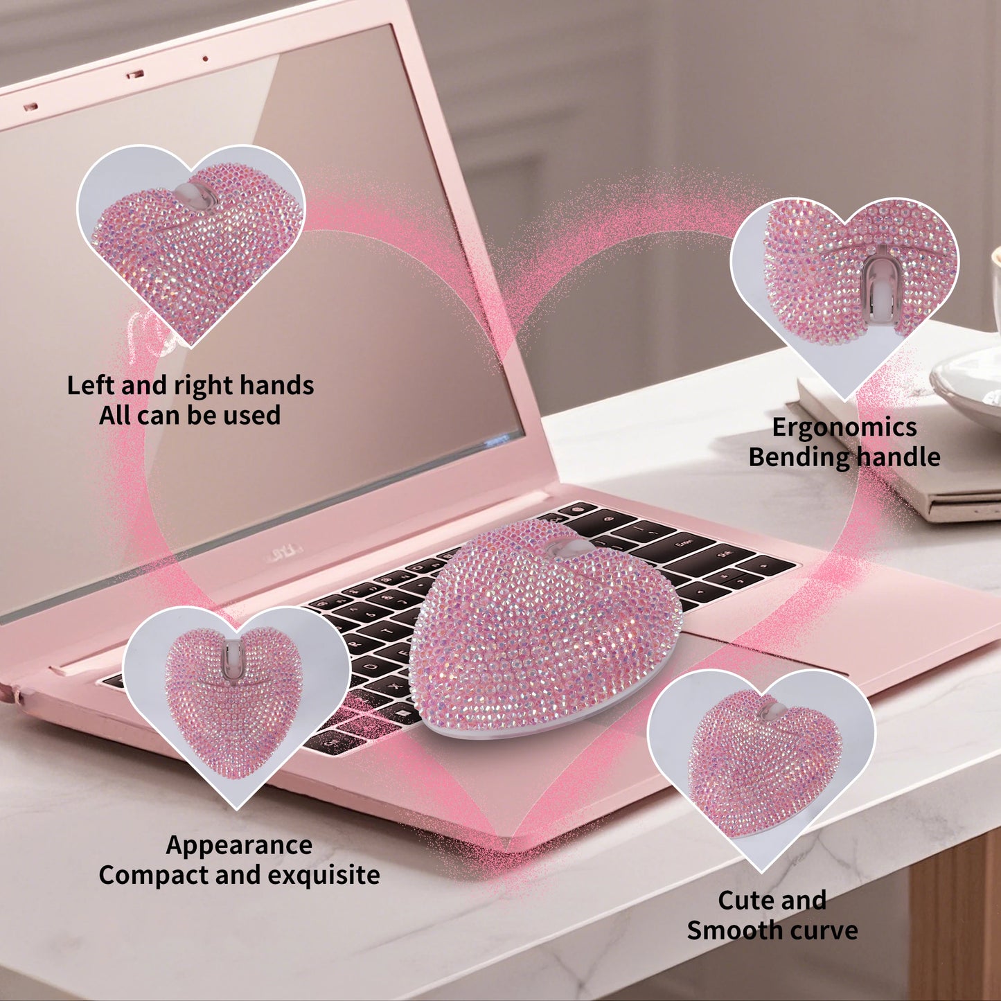 Purilite Select | Wireless Pink Dual-Mode Diamond Heart Mouse | Type-C Rechargeable Bluetooth Optical Ergonomic Mouse | Cute Mini Heart-Shaped Laptop Mouse for Girls