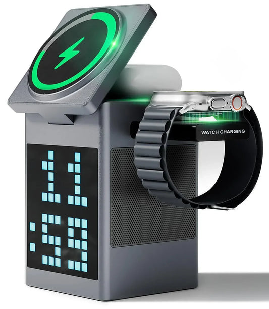 Purilite Select 15W 6-in-1 Cartoon Pixel Magnetic Wireless Charger with Foldable Bluetooth Speaker & Alarm Clock