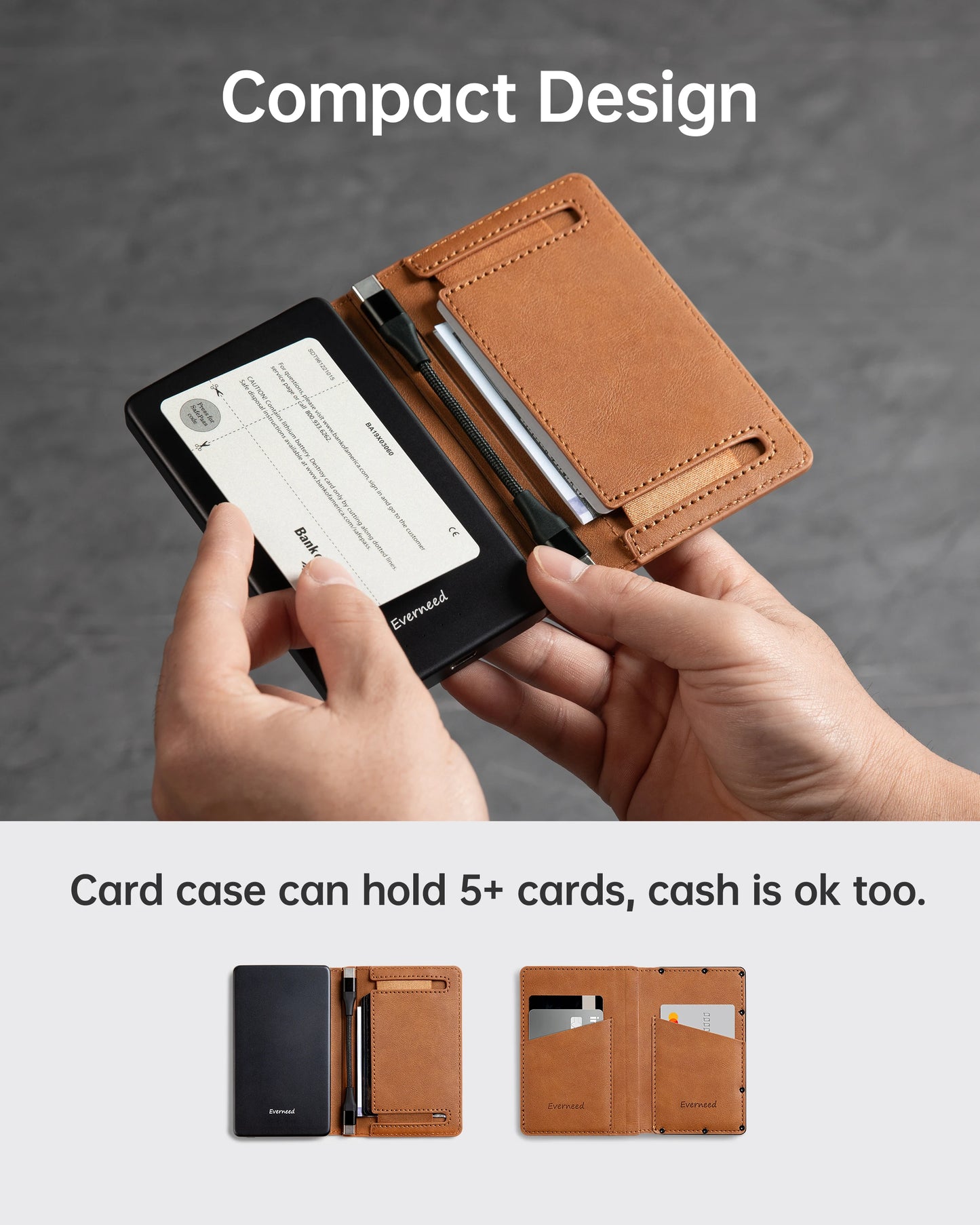 Purilite Select 5000mAh Wallet Power Bank – PD 20W Slim Portable Charger with Built-in USB-C &amp; Lightning Cables