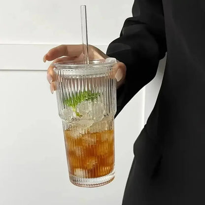 Purilite Select 600ml Stripe Glass Cup with Lid and Straw