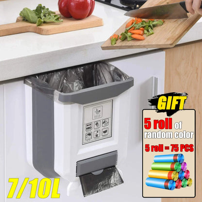 Purilite Select Collapsible Wall Mounted Trash Can - 7L/10L Slim Folding Waste Bin with Built-In Bag Holder for Kitchen and Bathroom