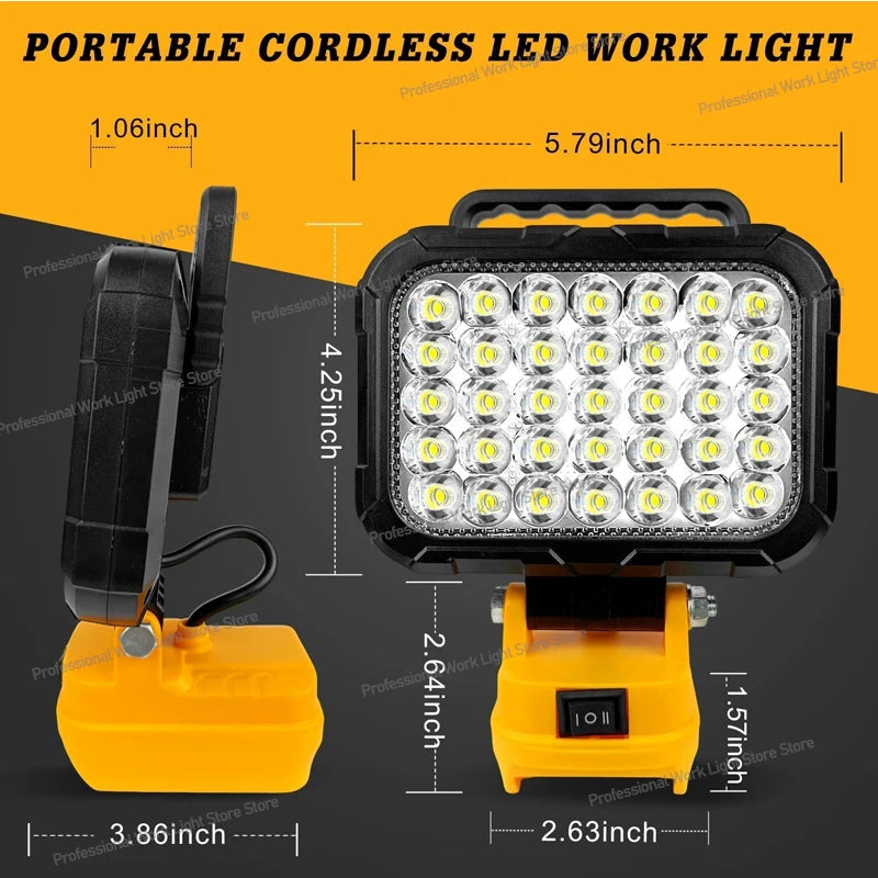 Cordless LED Work Light for DeWalt 20V Battery, 60W 6000LM Jobsite Flood Lights, Portable Outdoor Flashlight Dual USB Charging