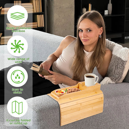 Purilite Select Couch Cup Holder | Bamboo Sofa Armrest Tray | Anti-Slip Foldable Side Table | Multifunctional Sofa Organizer | Living Room Accessory