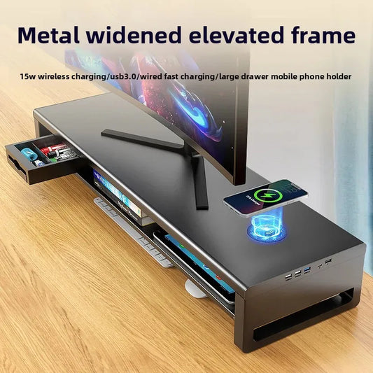 🖥️ Purilite Select™ Metal Monitor Riser with Dual-Layer Drawer & Wireless Charging