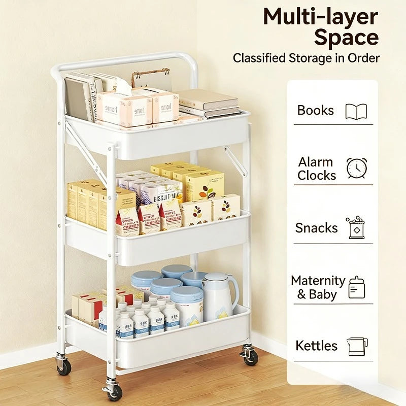 Purilite Select Foldable 3-Tier Storage Cart Carbon Steel Rolling Organizer Rack with Wheels for Kitchen Bedroom and Home - PuriLite