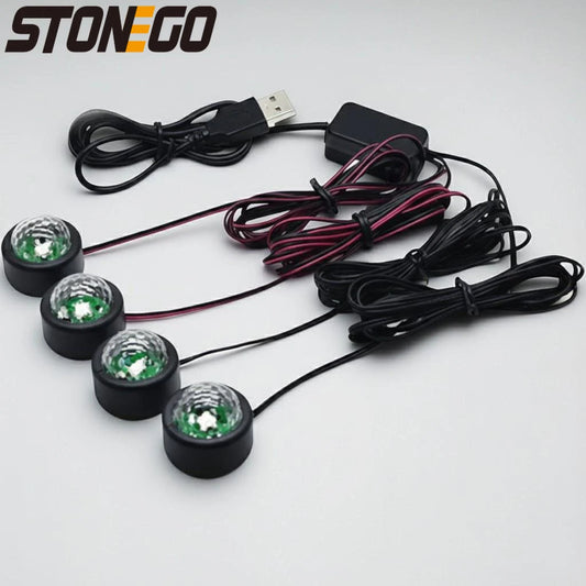 USB Car LED Voice Activated 7 Colors Projection Ambient Light Footwell Full Stars Atmosphere Lamp Interior Decor