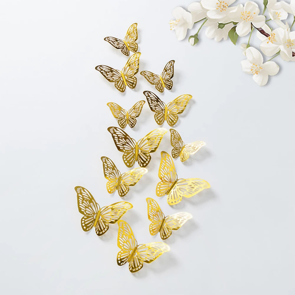 Purilite Select 12-Piece Gold Hollow Butterfly Wall Sticker Set – 3D Decorative Butterflies for Home, Wedding, and Garden Décor