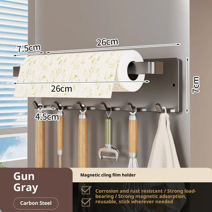 No Drilling Rack 26cm Magnetic Paper Towel Holder for Refrigerator with 6 Hooks Kitchen Roll Holder Wall Mount Fridge Organizer