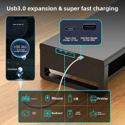 🖥️ Purilite Select™ Metal Monitor Riser with Dual-Layer Drawer & Wireless Charging