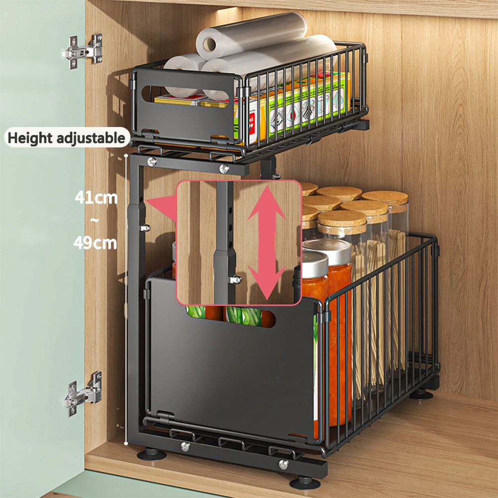 Purilite Select 2 Tier Pull Out Cabinet Organizer - Adjustable Under Sink Kitchen Storage Rack with Slide Out Drawers