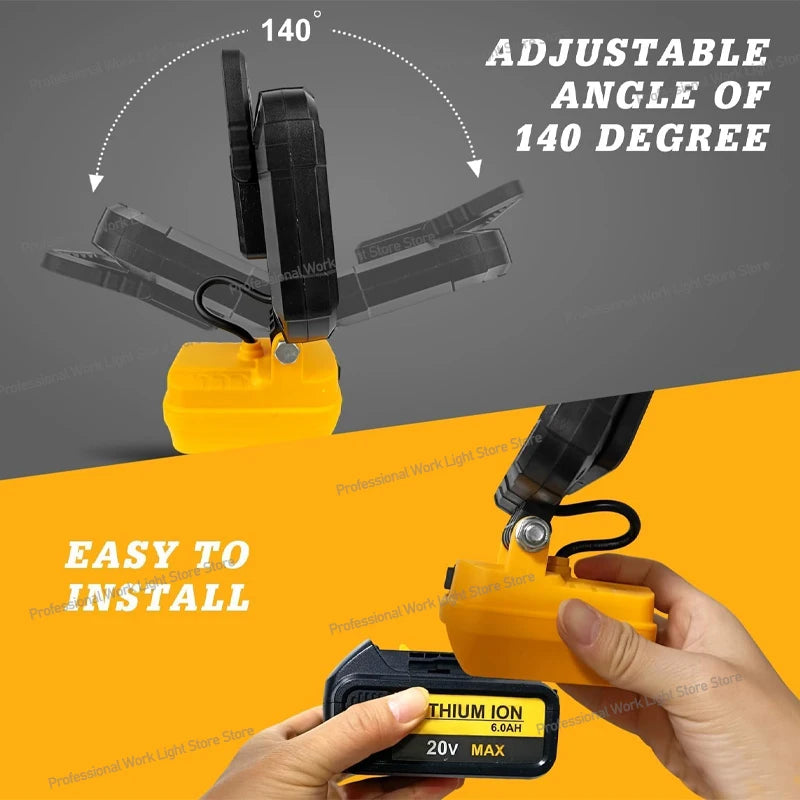 Cordless LED Work Light for DeWalt 20V Battery, 60W 6000LM Jobsite Flood Lights, Portable Outdoor Flashlight Dual USB Charging