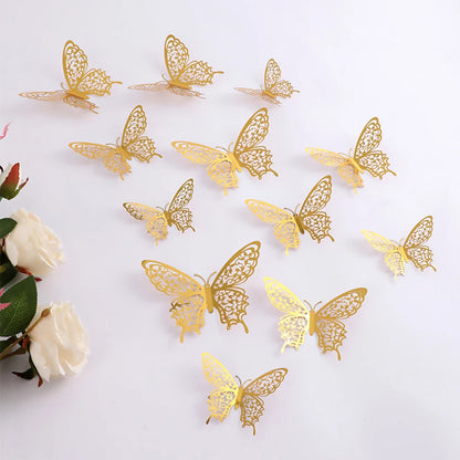 Purilite Select 12-Piece Gold Hollow Butterfly Wall Sticker Set – 3D Decorative Butterflies for Home, Wedding, and Garden Décor