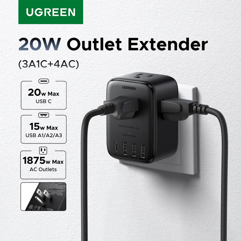 UGREEN Outlet Extender Power Strip – 20W USB-C Fast Charger – 4 AC Outlets, 3 USB-A + 1 USB-C – 1875W Wall Charger for Home, Office & Travel - PuriLite