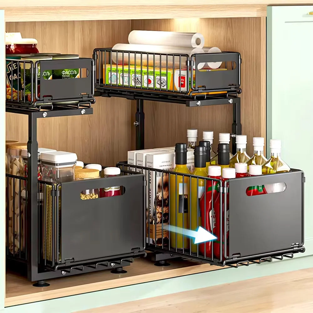 Purilite Select 2 Tier Pull Out Cabinet Organizer - Adjustable Under Sink Kitchen Storage Rack with Slide Out Drawers