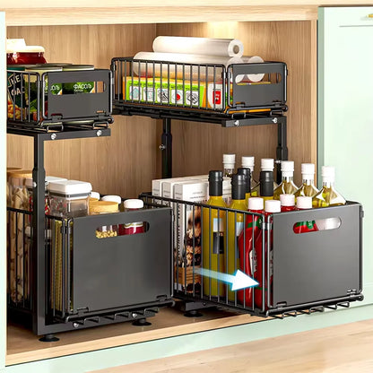 Purilite Select 2 Tier Pull Out Cabinet Organizer - Adjustable Under Sink Kitchen Storage Rack with Slide Out Drawers