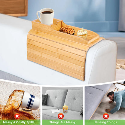 Purilite Select Couch Cup Holder | Bamboo Sofa Armrest Tray | Anti-Slip Foldable Side Table | Multifunctional Sofa Organizer | Living Room Accessory