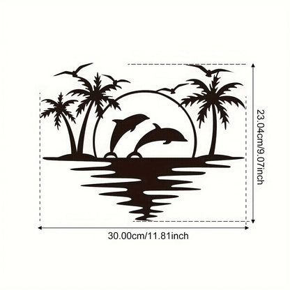 Purilite Select Creative Dolphin & Coconut Tree Beach Iron Wall Art | Indoor & Outdoor Metal Crafts Decoration for Living Room, Bedroom, Hallway, or Patio
