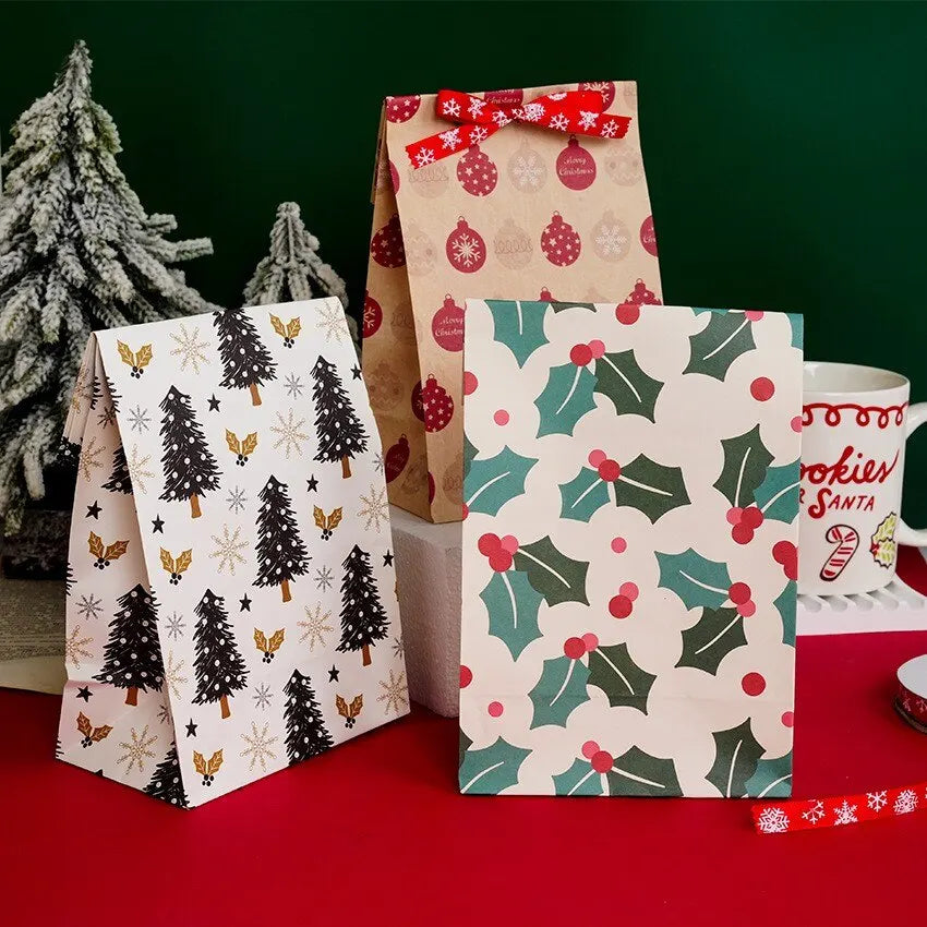 Purilite Select Kraft Paper Christmas Gift Bags – 8pcs/12pcs Santa Claus & Snowman Design | Eco-Friendly Holiday Candy & Cookie Bags
