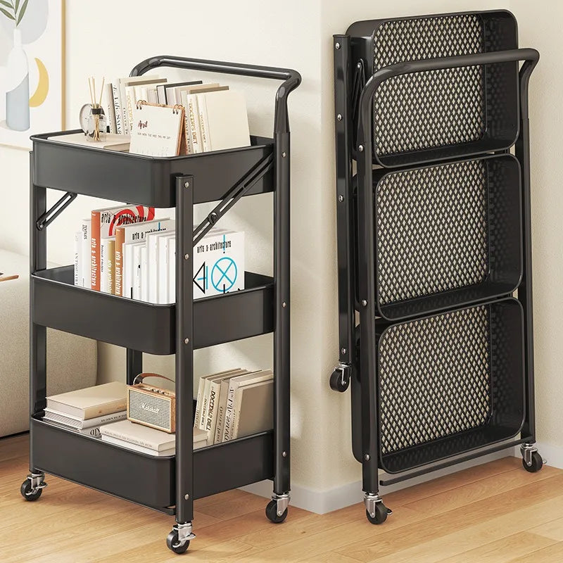 Purilite Select Foldable 3-Tier Storage Cart Carbon Steel Rolling Organizer Rack with Wheels for Kitchen Bedroom and Home - PuriLite