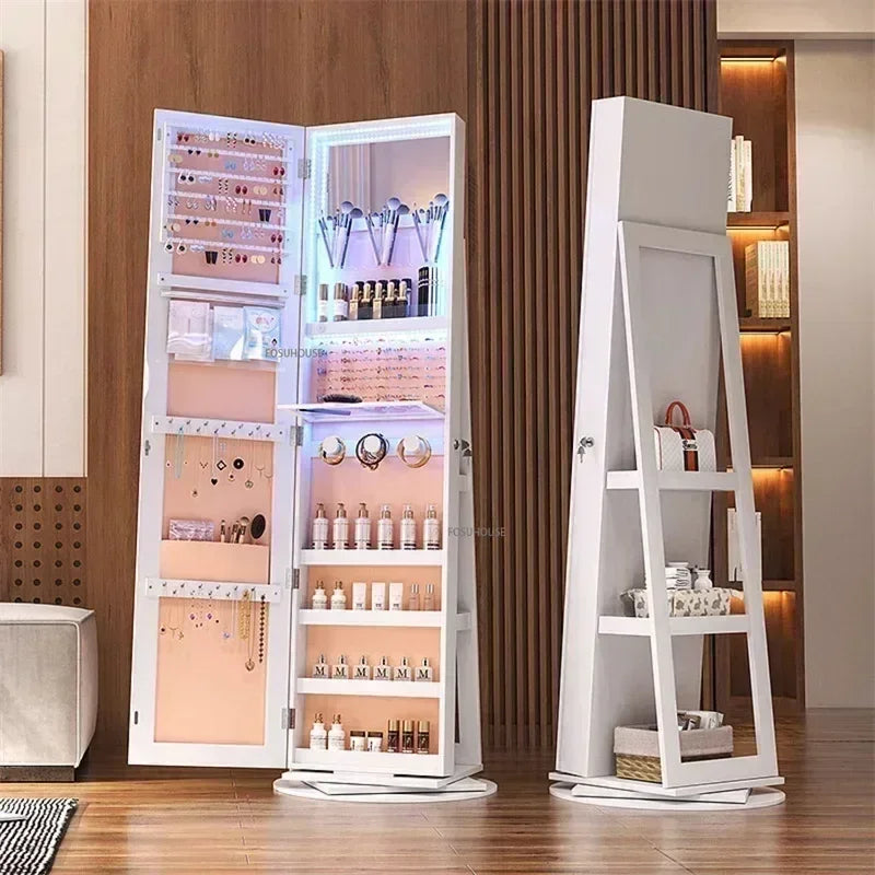 Bedroom Jewelry Cabinet With Mirror Fitting Room Dressing Mirrors 360° Rotating Floor Makeup Mirror Cabinet Full-length Mirror j - PuriLite