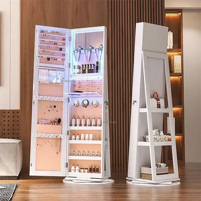 Bedroom Jewelry Cabinet With Mirror Fitting Room Dressing Mirrors 360° Rotating Floor Makeup Mirror Cabinet Full-length Mirror j - PuriLite