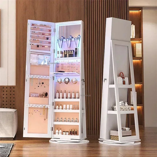 Bedroom Jewelry Cabinet With Mirror Fitting Room Dressing Mirrors 360° Rotating Floor Makeup Mirror Cabinet Full-length Mirror j - PuriLite