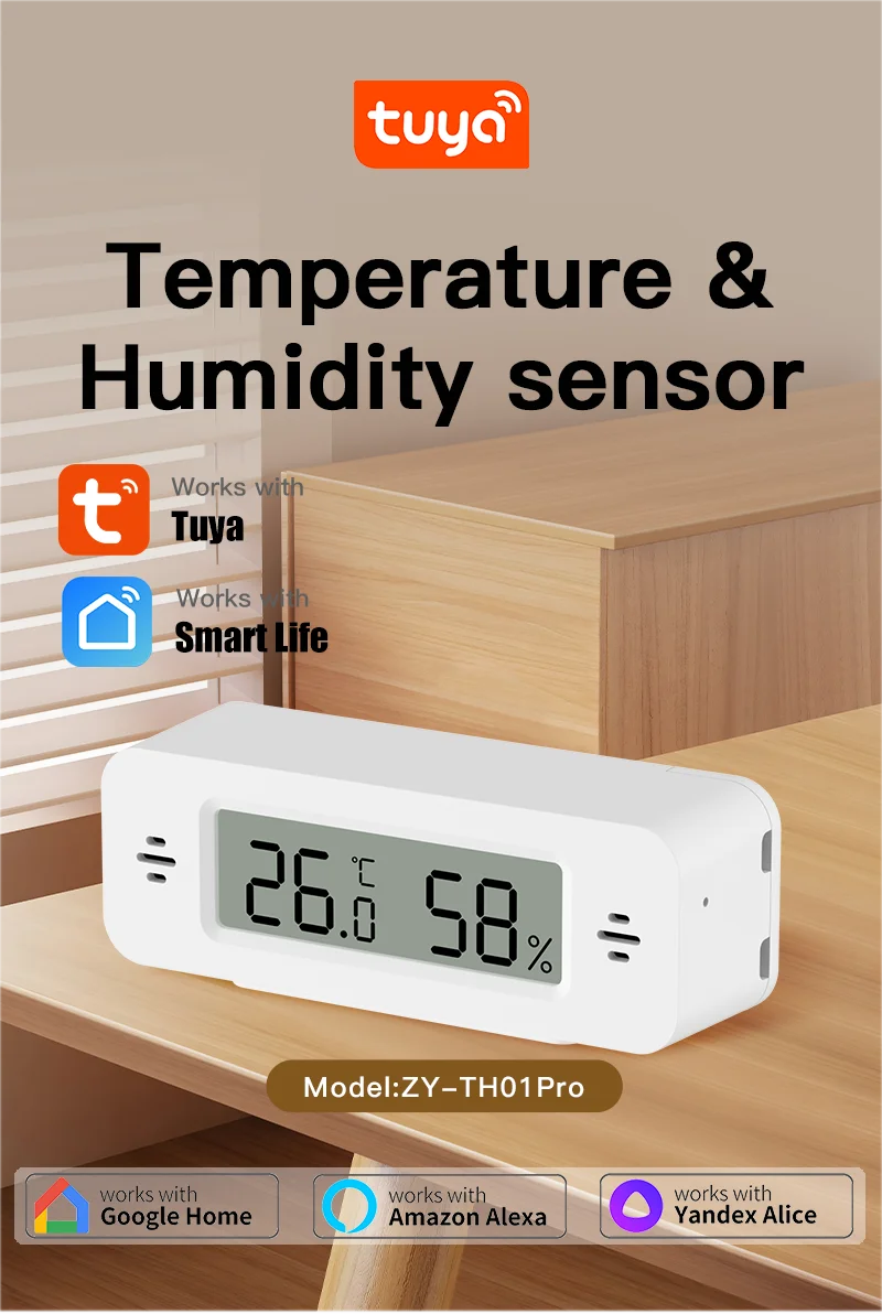 Tuya WiFi Mini Temperature Humidity Smart Home Thermometer Hygrometer w/ App Remote, Alarm, Google Home, Yandex, Alexa.