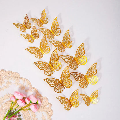 Purilite Select 12-Piece Gold Hollow Butterfly Wall Sticker Set – 3D Decorative Butterflies for Home, Wedding, and Garden Décor
