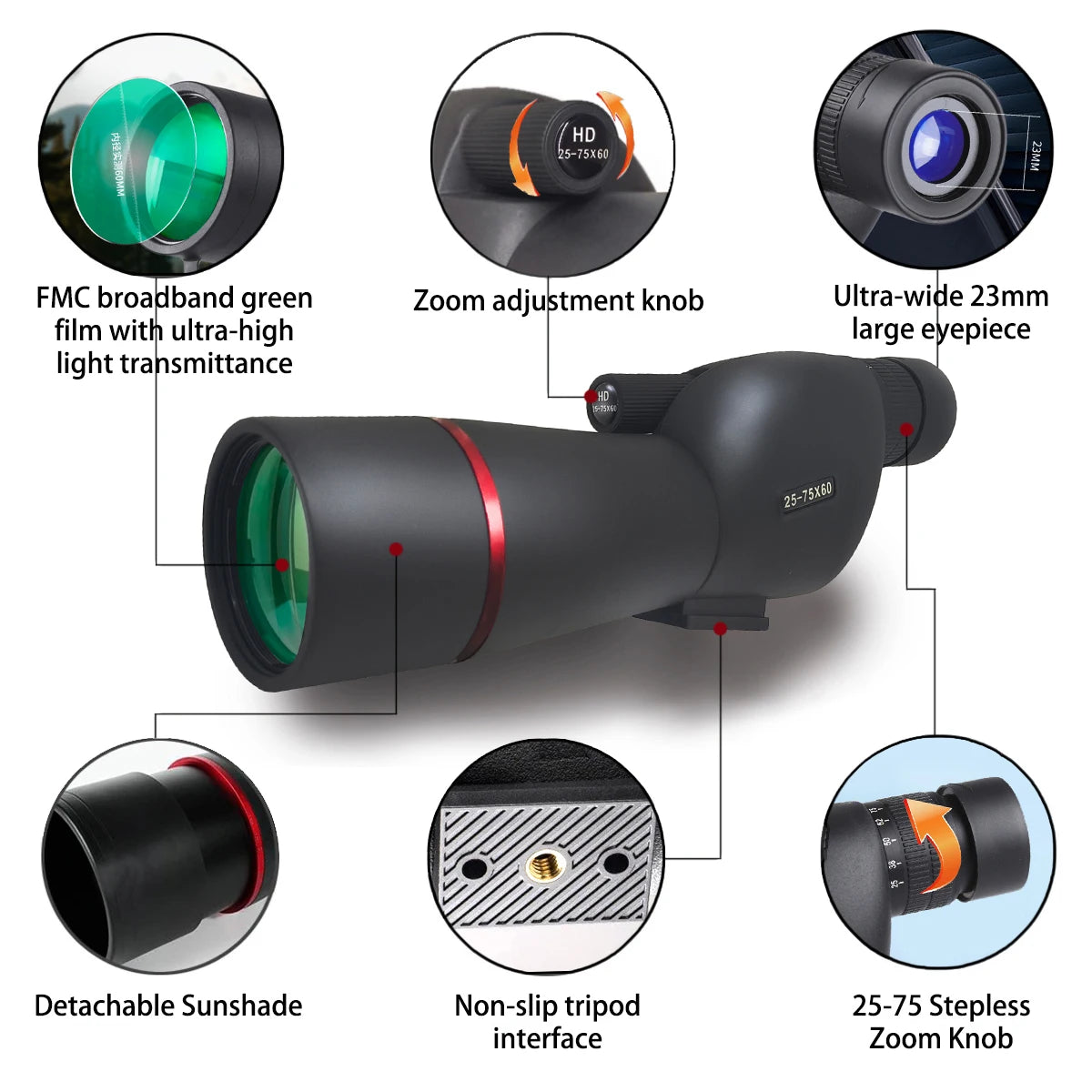 Purilite Select 25-75X High Power Zoom Monocular Telescope with 60mm Objective Lens, Phone Adapter and Tripod for Bird Watching, Camping and Outdoor Viewing