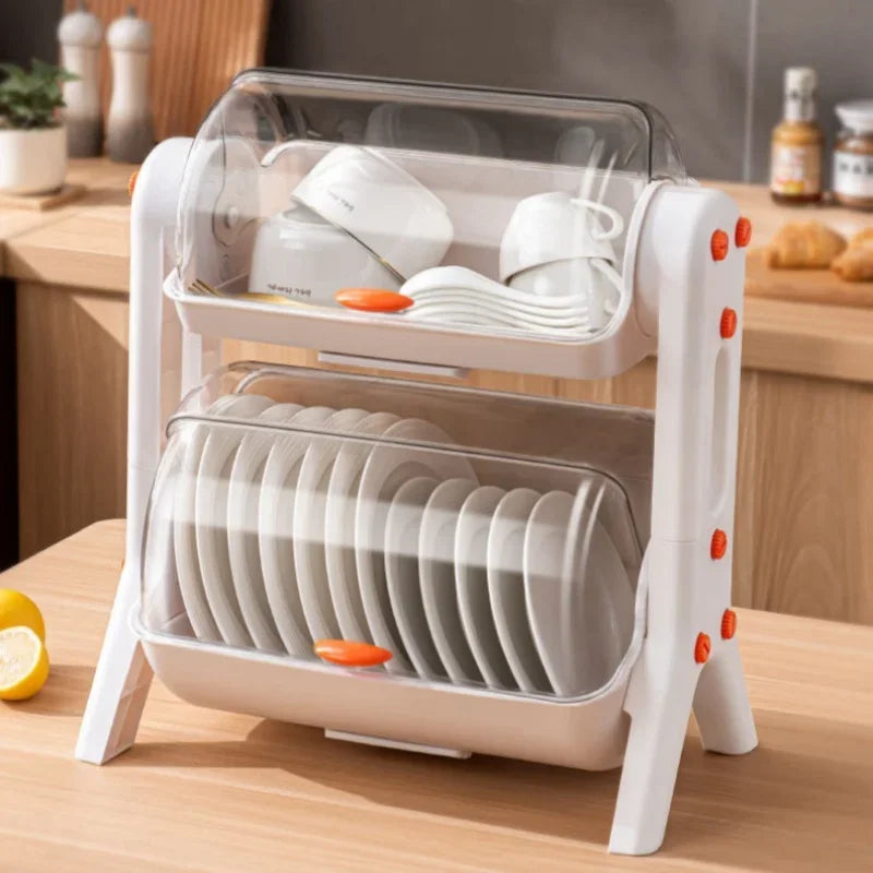 Purilite Select Double-Layer Tableware Storage Rack – Kitchen Bowl and Plate Organizer with Lid, Draining Dish Rack for Household Cupboards
