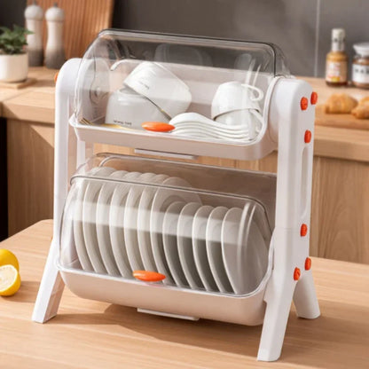 Purilite Select Double-Layer Tableware Storage Rack – Kitchen Bowl and Plate Organizer with Lid, Draining Dish Rack for Household Cupboards