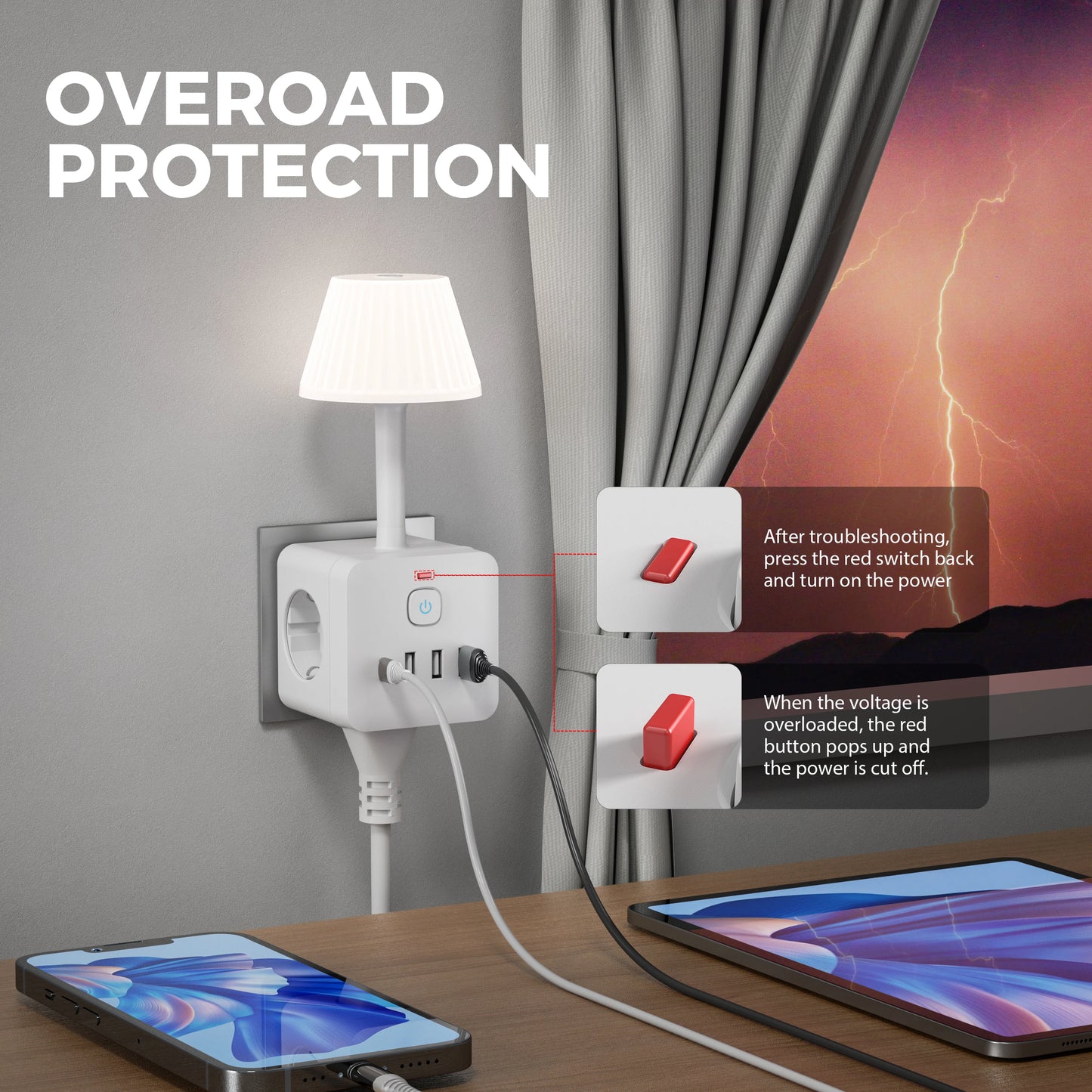 Purilite Select 3-Outlet Power Strip – Power Strip with Adjustable Brightness Desk Lamp & Tabletop Charging Station – 3 USB-A & 1 USB-C Ports – Surge Protection