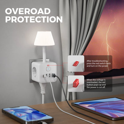 Purilite Select 3-Outlet Power Strip – Power Strip with Adjustable Brightness Desk Lamp & Tabletop Charging Station – 3 USB-A & 1 USB-C Ports – Surge Protection