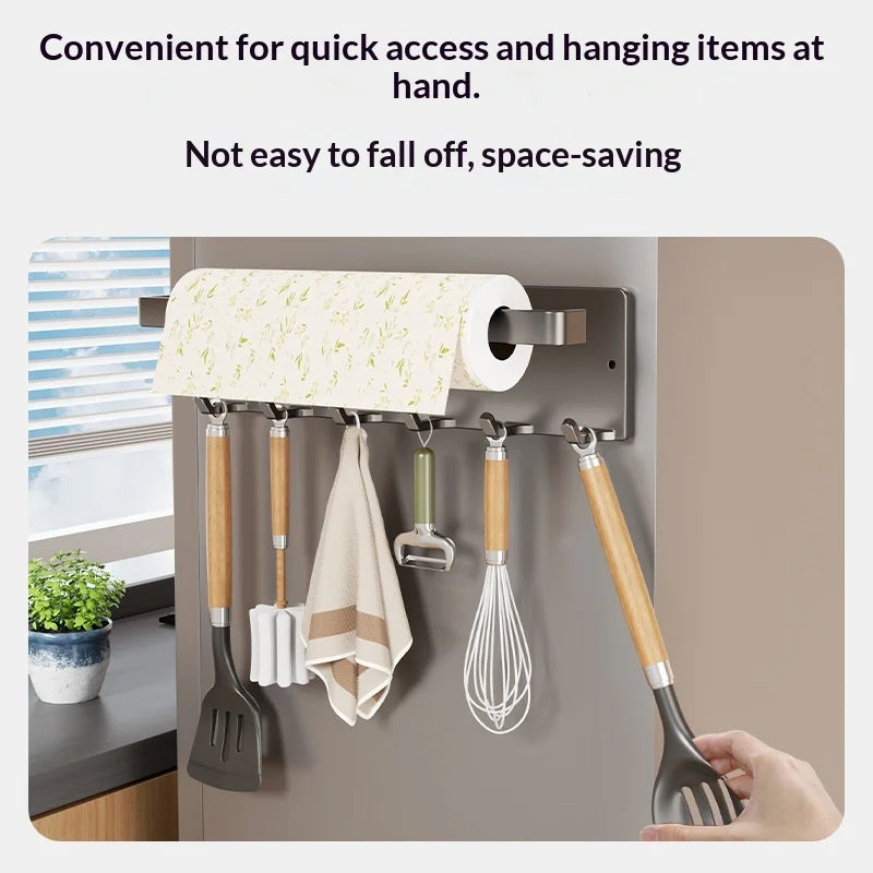 No Drilling Rack 26cm Magnetic Paper Towel Holder for Refrigerator with 6 Hooks Kitchen Roll Holder Wall Mount Fridge Organizer