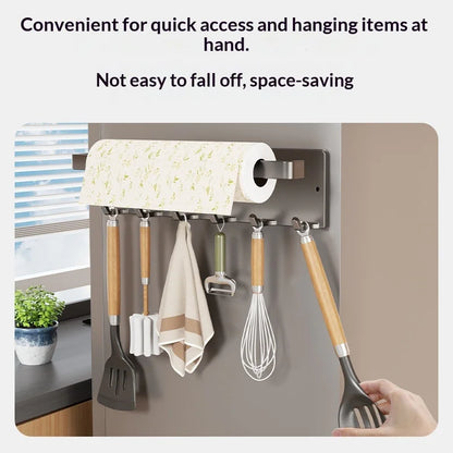 No Drilling Rack 26cm Magnetic Paper Towel Holder for Refrigerator with 6 Hooks Kitchen Roll Holder Wall Mount Fridge Organizer