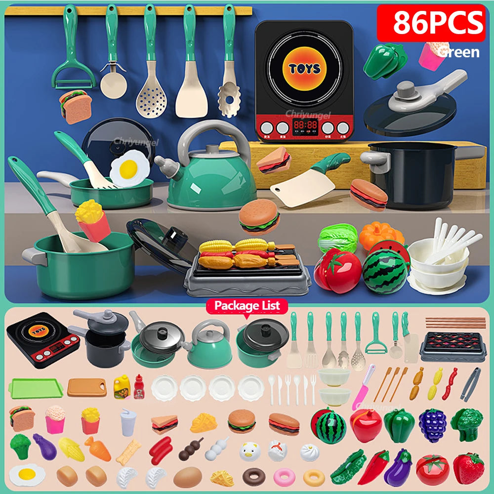 Kids Kitchen Toys Set 92/86/69/59PCS Play Kitchen Accessories Kit with Play Pots Pretend Food Cooking Toy Toddler Girls Boy Gift
