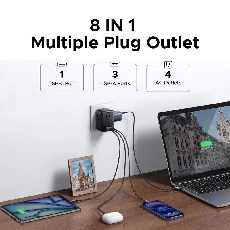 UGREEN Outlet Extender Power Strip – 20W USB-C Fast Charger – 4 AC Outlets, 3 USB-A + 1 USB-C – 1875W Wall Charger for Home, Office & Travel - PuriLite