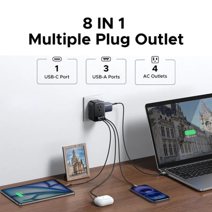 UGREEN Outlet Extender Power Strip – 20W USB-C Fast Charger – 4 AC Outlets, 3 USB-A + 1 USB-C – 1875W Wall Charger for Home, Office & Travel - PuriLite