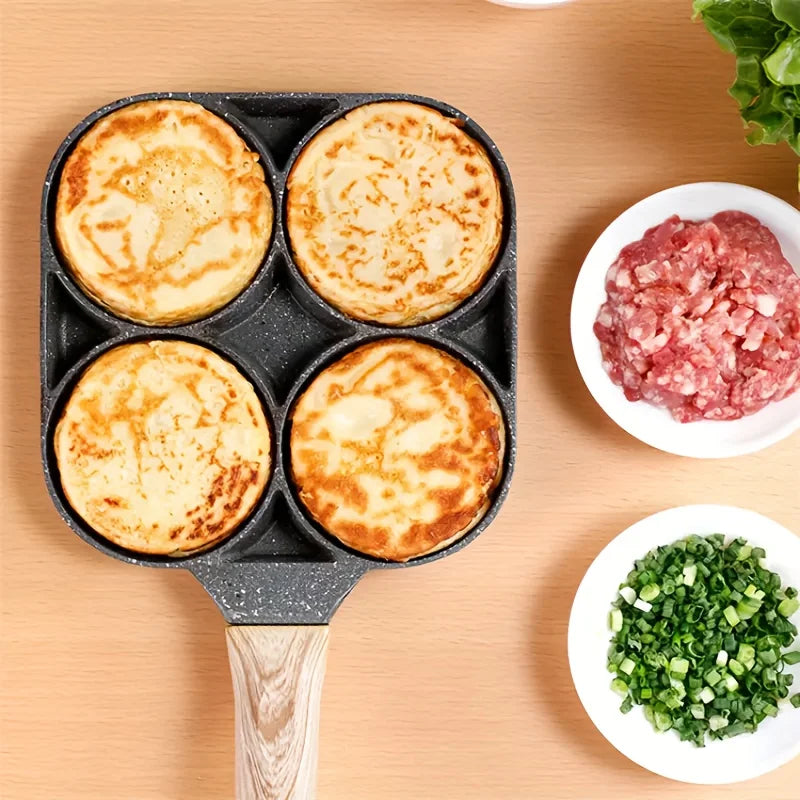 4 Hole Frying Pan Non Stick Breakfast Burger Egg Pancake Maker Wooden Handle Medical Stone Four Hole Omelet Pan - PuriLite