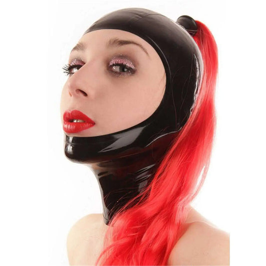 Purilite Select Latex Hood with Red Ponytail Open Face Rubber Mask with Back Zipper