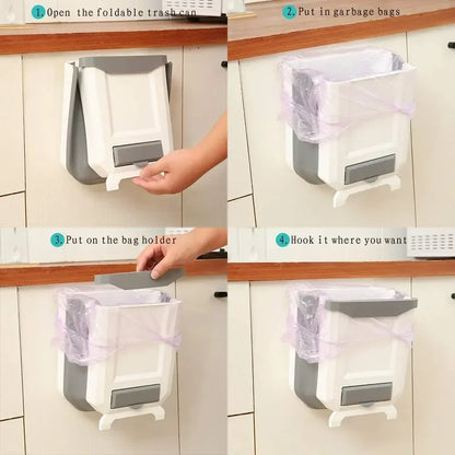 Purilite Select Collapsible Wall Mounted Trash Can - 7L/10L Slim Folding Waste Bin with Built-In Bag Holder for Kitchen and Bathroom