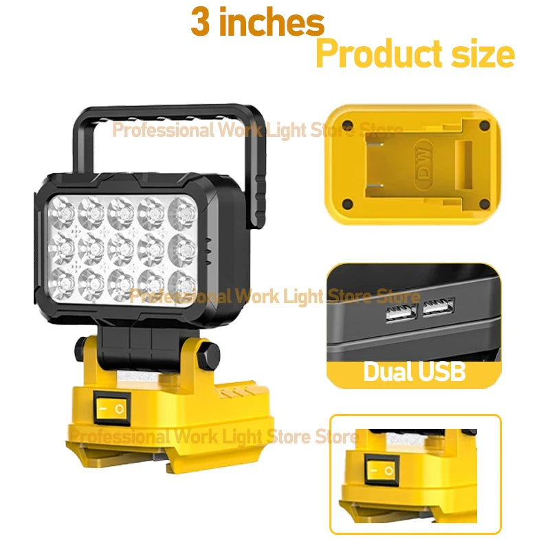 Cordless LED Work Light for DeWalt 20V Battery, 60W 6000LM Jobsite Flood Lights, Portable Outdoor Flashlight Dual USB Charging