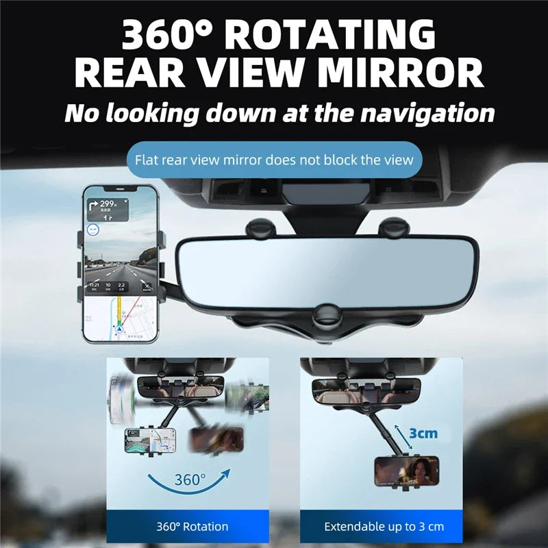 Purilite Select 360° Car Rearview Mirror Phone Holder – Adjustable Telescopic Vehicle Mount for Navigation, Hands-Free Viewing and GPS Support