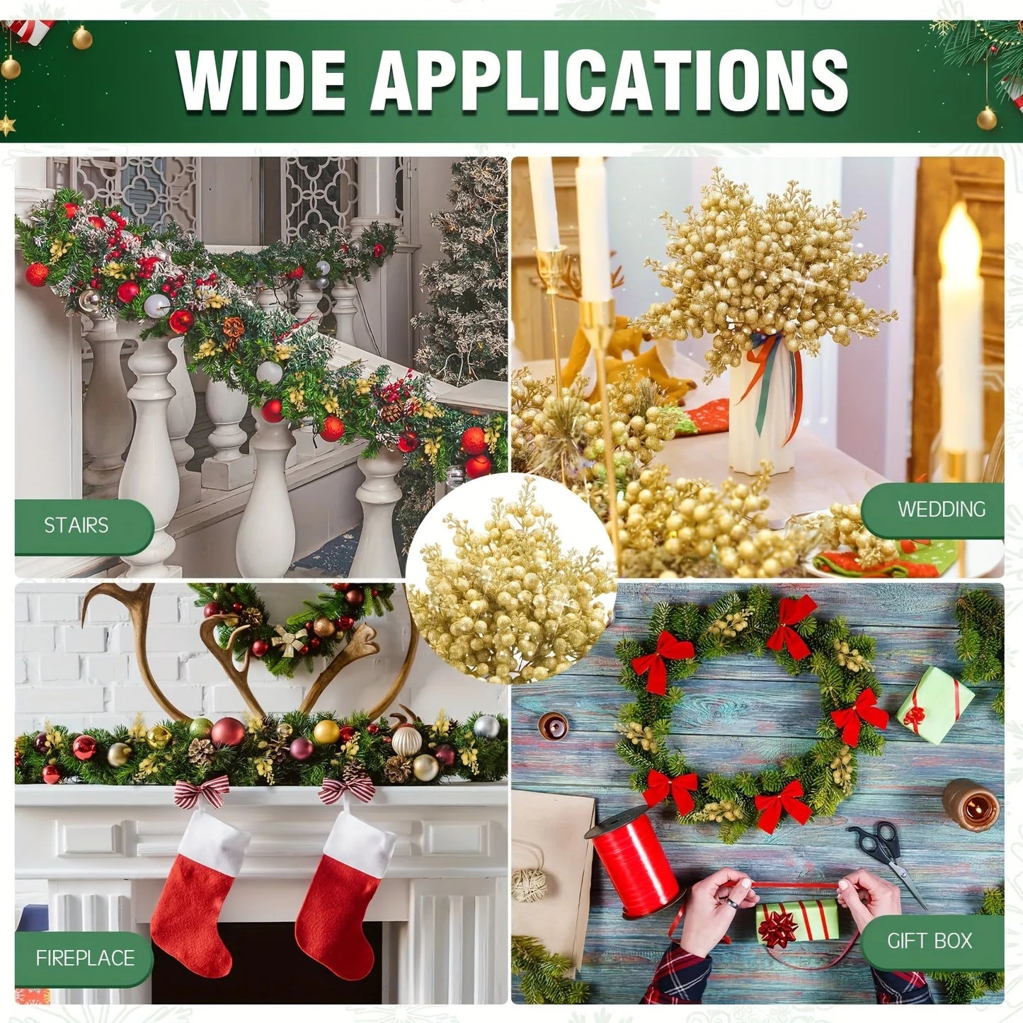 Purilite Select Glitter Artificial Flower & Berry Bouquet – 8/15 Pcs Christmas Decoration Set | Festive Xmas Tree Ornaments & Home Décor Accessory for New Year 2025