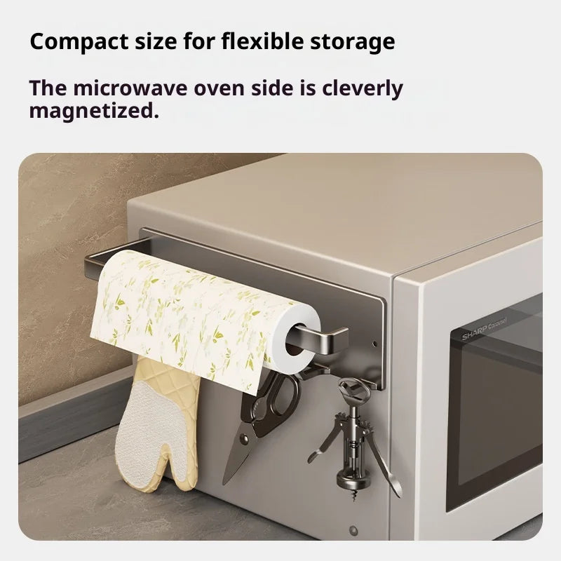 No Drilling Rack 26cm Magnetic Paper Towel Holder for Refrigerator with 6 Hooks Kitchen Roll Holder Wall Mount Fridge Organizer