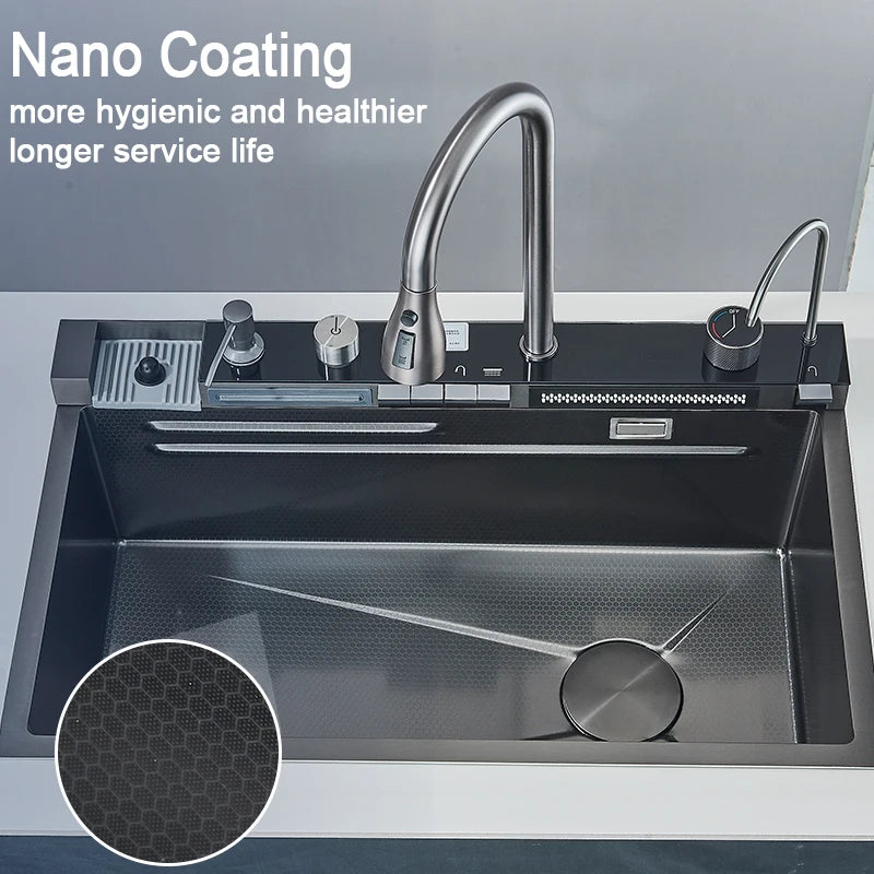 Purilite Select Multifunction Stainless Steel Kitchen Sink | Large Single Bowl Waterfall Sink with Pull-Out Faucet, Digital Display & 5-Function Water System