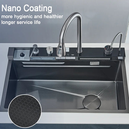 Purilite Select Multifunction Stainless Steel Kitchen Sink | Large Single Bowl Waterfall Sink with Pull-Out Faucet, Digital Display & 5-Function Water System