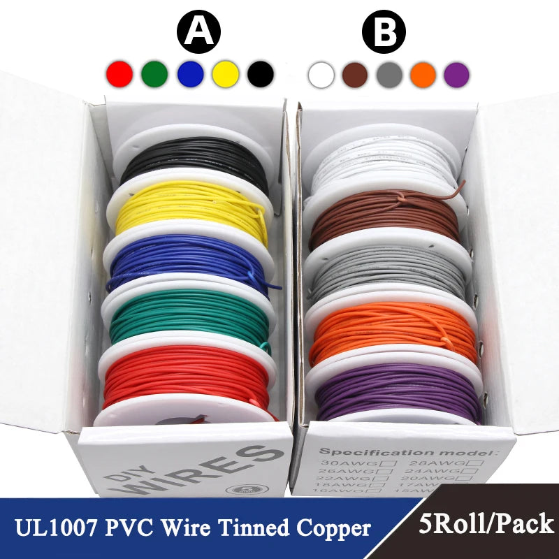 Purilite Select UL1007 PVC Insulated Stranded Wire Kit 30AWG / 28AWG / 26AWG / 24AWG / 22AWG / 20AWG / 18AWG / 16AWG 5-Color Electrical Hook-Up Cable Set