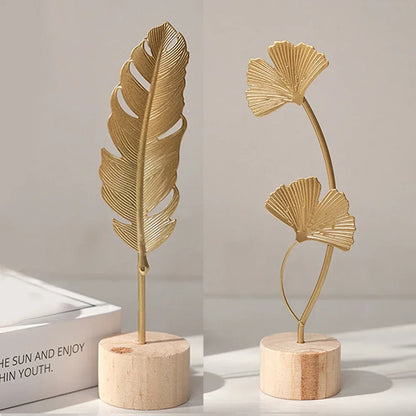 Purilite Select Golden Ginkgo Leaf & Feather Metal Figurine – Modern Desktop Sculpture | Home Decor & Photo Prop
